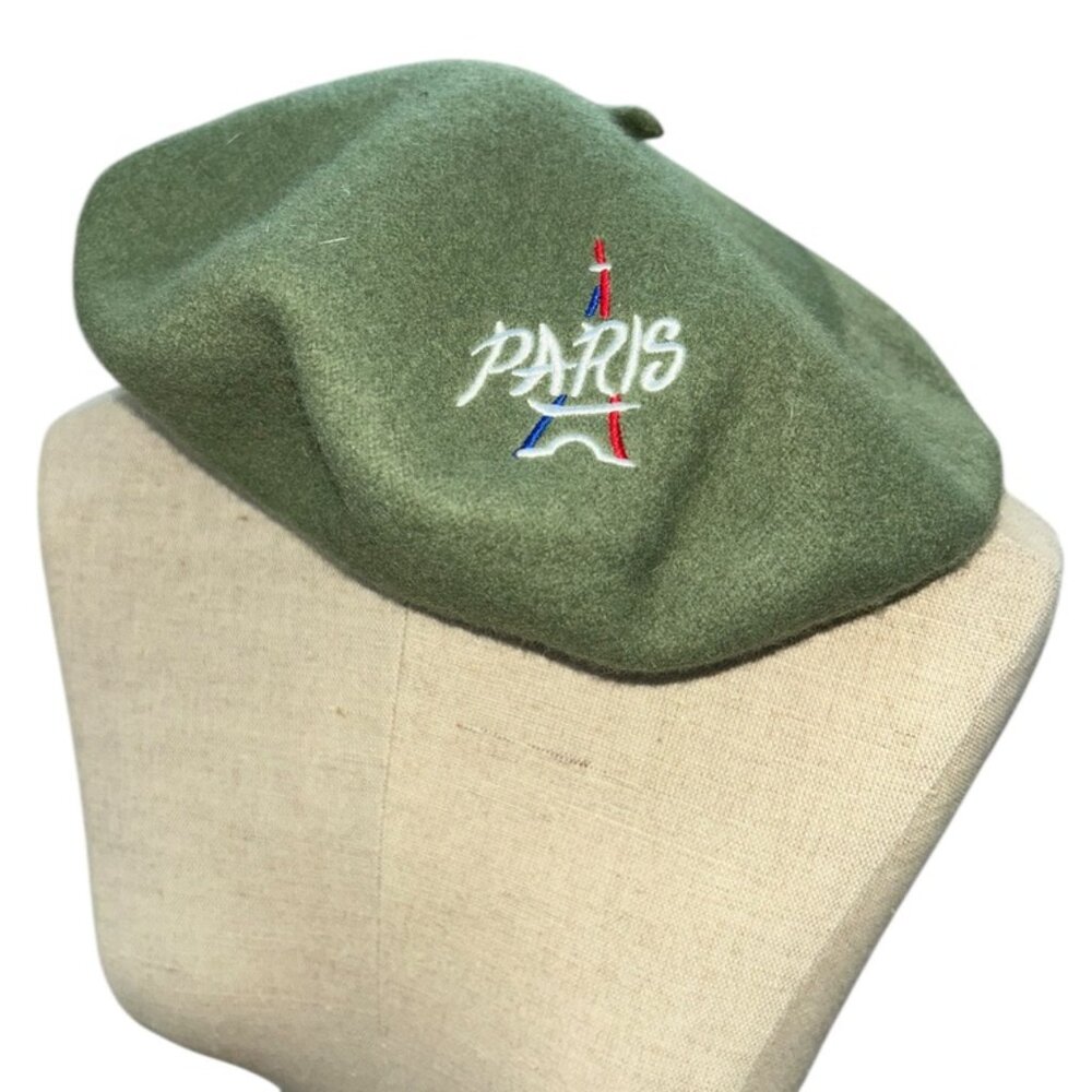 Paris France green wool embrodiered Eiffel Tower beret hat